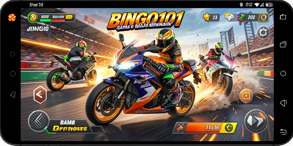 Tampilan gameplay seru di BINGO101 dengan mobil balap yang cepat.