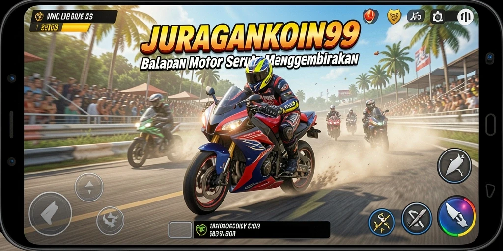 Tampilan gameplay seru JURAGANKOIN99 di lintasan balap.