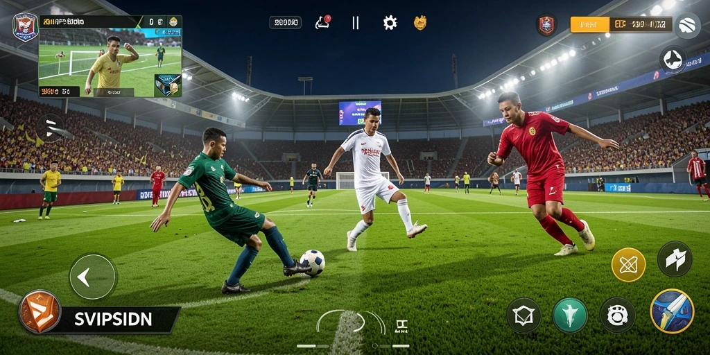 Tampilan gameplay menegangkan dalam SVIPSIDN dengan aksi sepak bola yang seru.